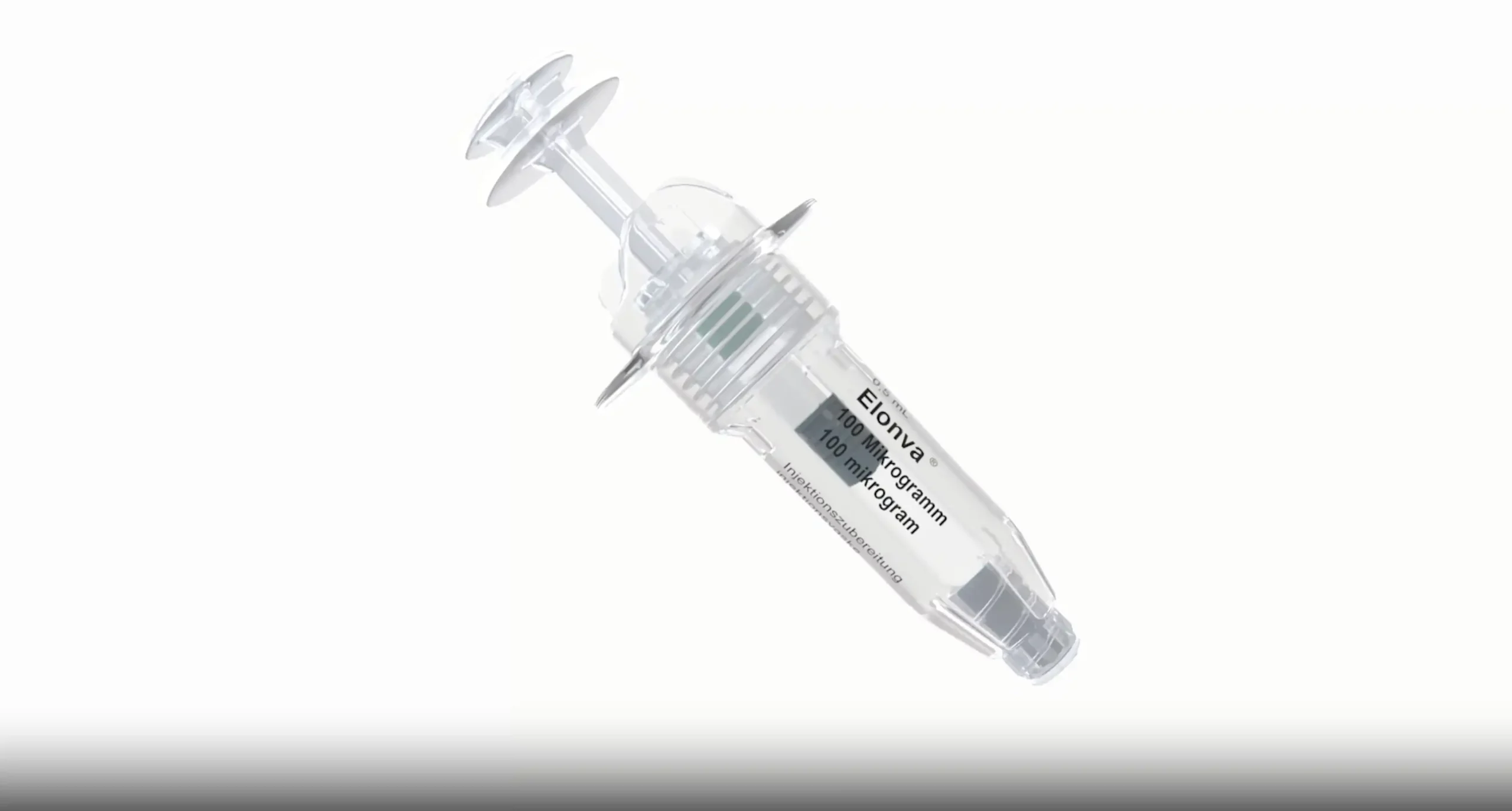 Fertigspritze des Medikaments Elonva zur Hormonbehandlung, 100 Mikrogramm