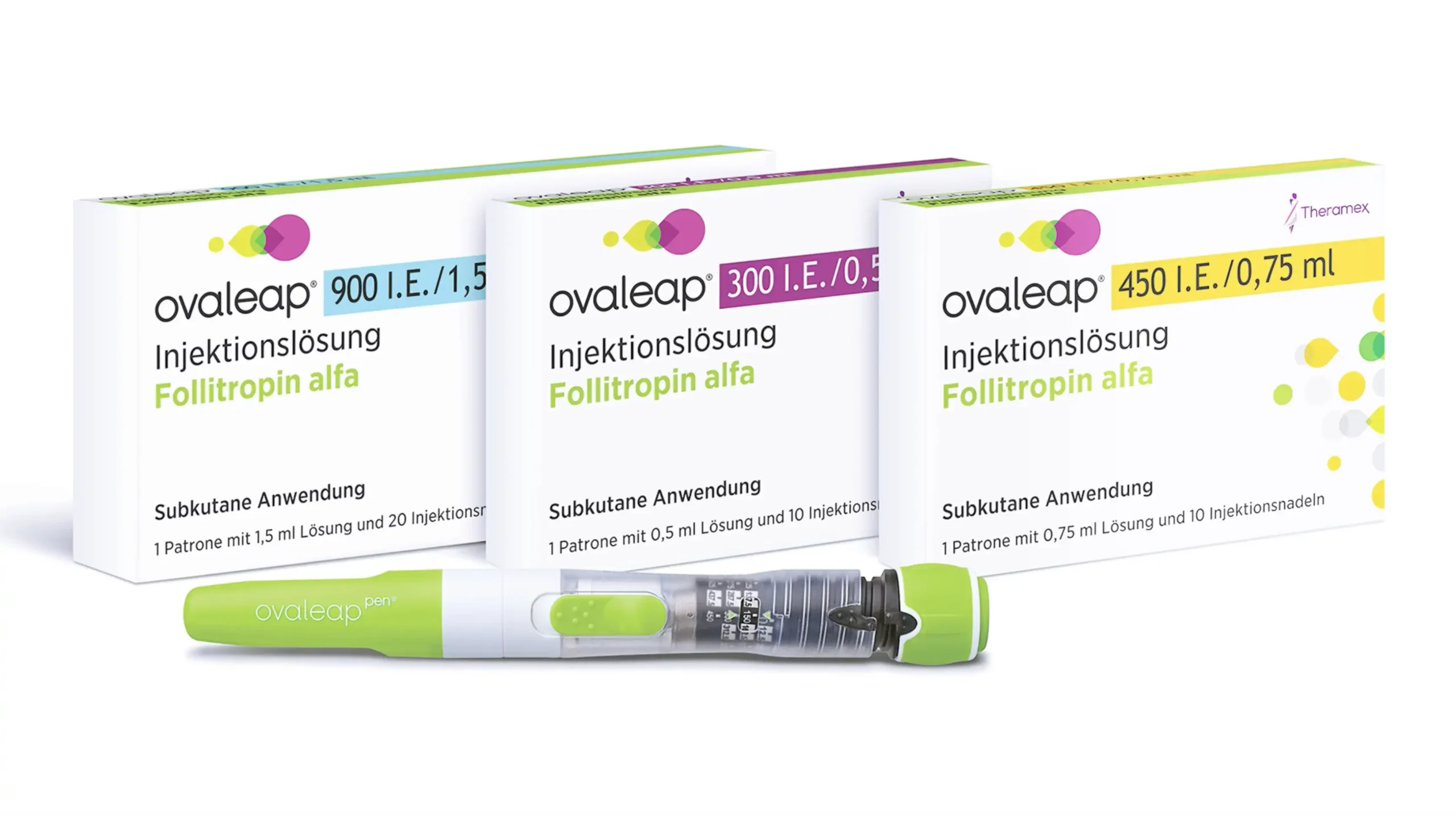 Verpackungen und Injektionspen von Ovaleap.