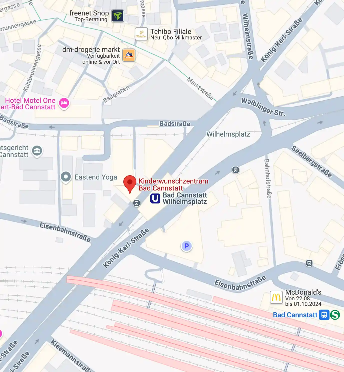 Google Maps Karte mit Standortmarkierung des Kinderwunschzentrums Bad Cannstatt.